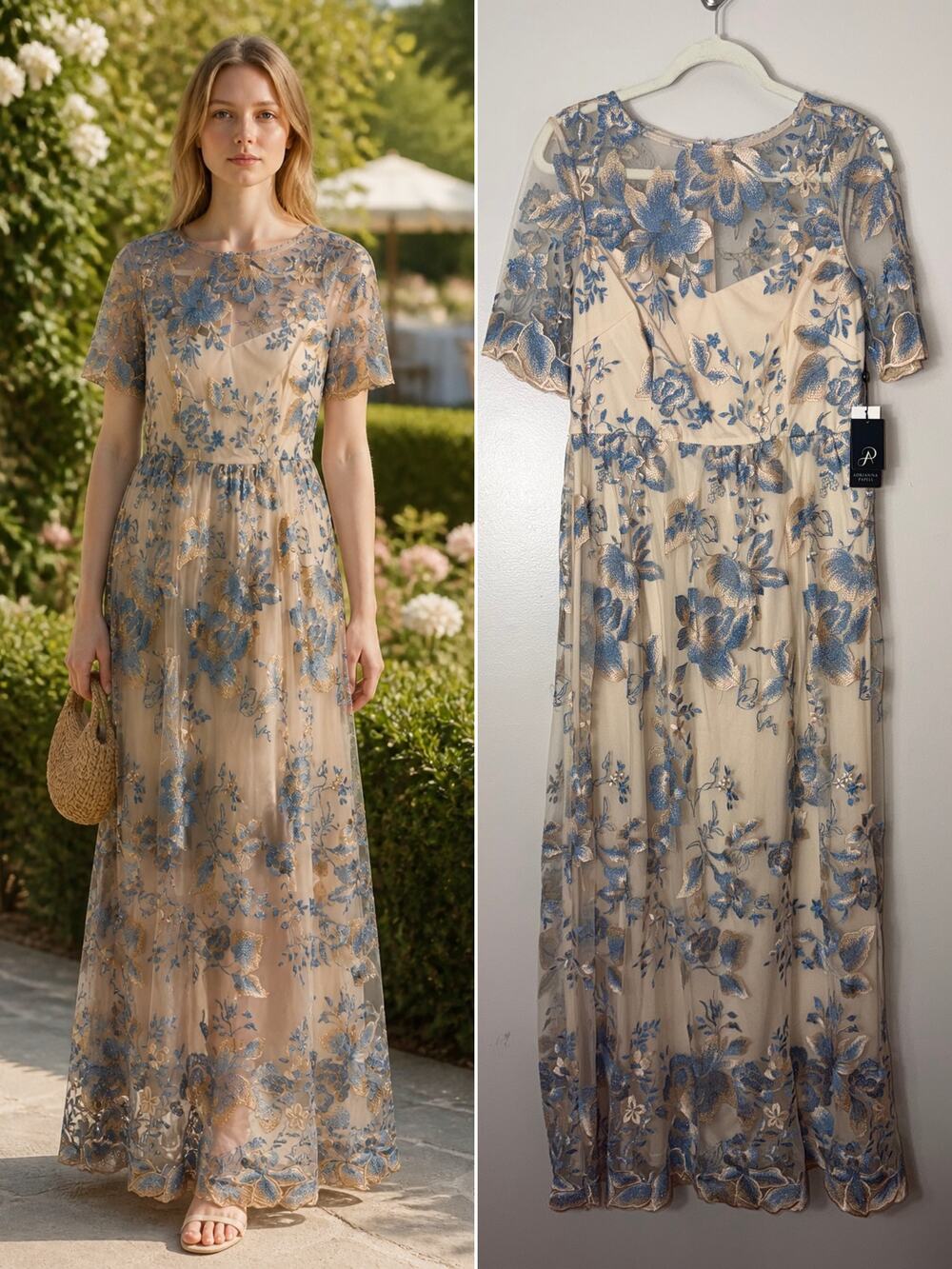 Adrianna Papell Dress 12 Tan Blue Lace Floral Embroidered Wedding Guest Formal